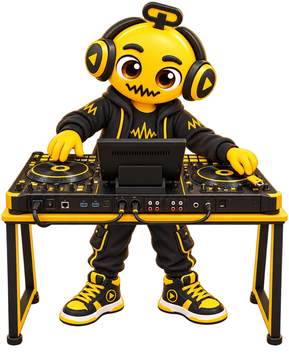 ENGINE DJ Eğitimi için kendisine dönük DJ ekipmanıyla çalışan IWBADJ avatarı