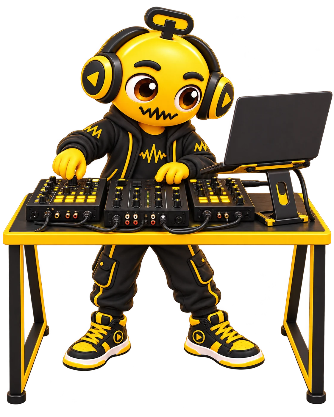 Traktor DJ Eğitimi için kendisine dönük DJ ekipmanıyla çalışan IWBADJ avatarı